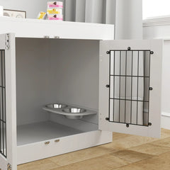 PawHut Dog Crate Furniture With 360 Rotatable Removable Dog Bowls, Dog Kennel Furniture For Medium Dogs, White