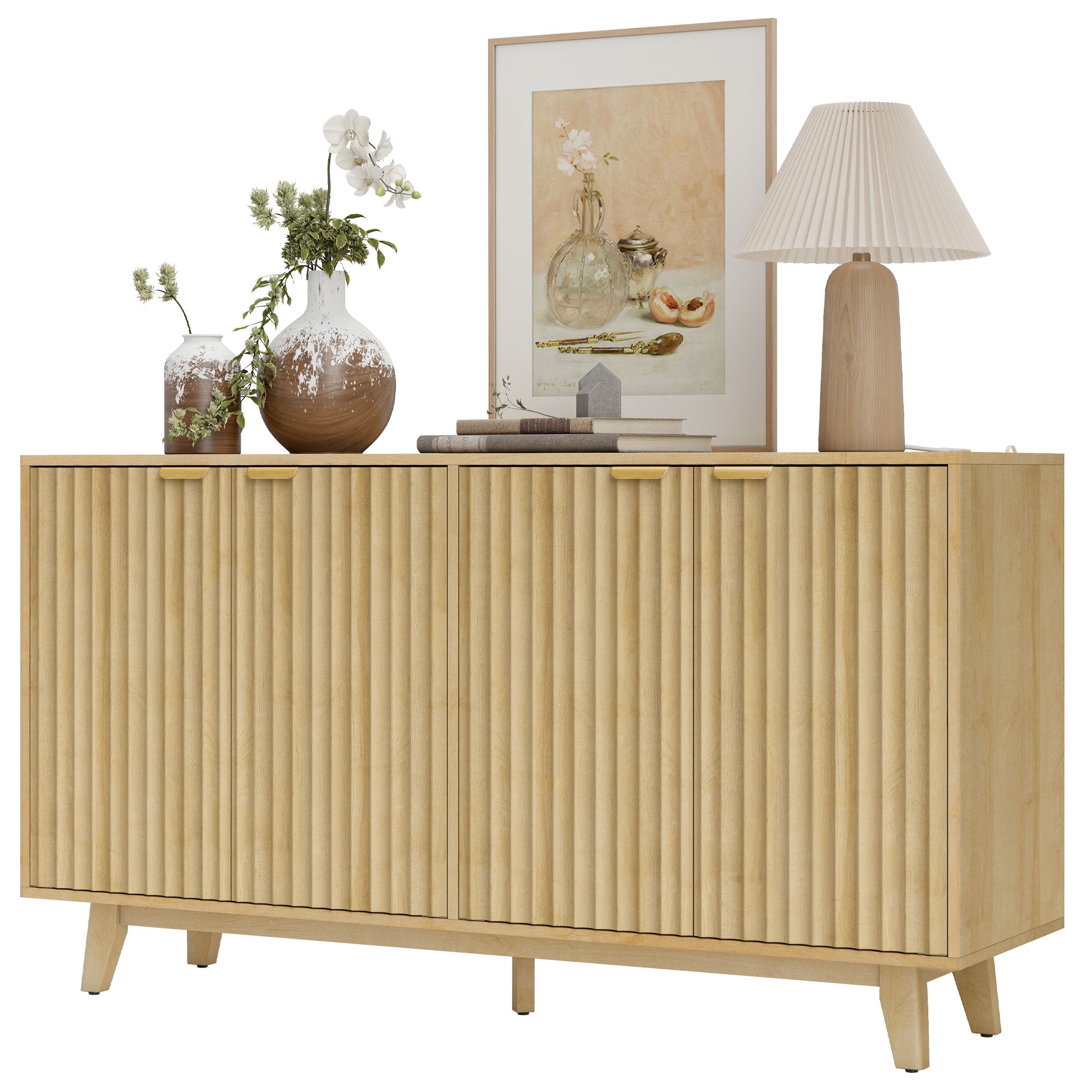 Fluted Sideboard Buffet Cabinet, 55" Coffee Bar Cabinet with 4 Doors, 2 Adjustable Shelves, 5 Wood Legs, Oak