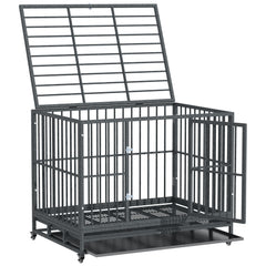 43" Heavy Duty Dog Crate Metal Cage Kennel with Lockable Wheels, Double Door and Removable Tray, Gray