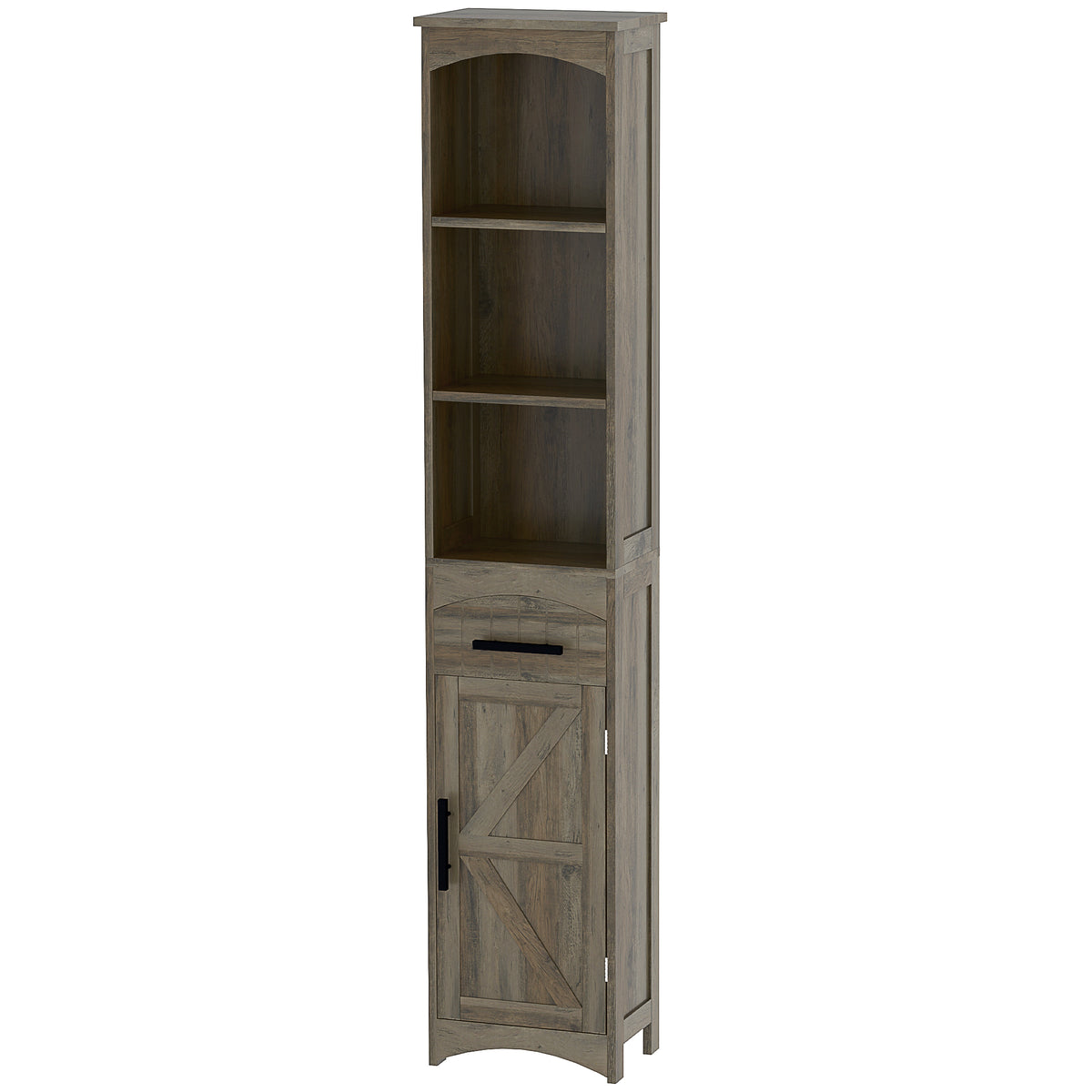 Farmhouse Tall Slim Bathroom Storage Cabinet with Recessed Drawer, Narrow Cabinet with Barn Door, Weathered Gray Oak