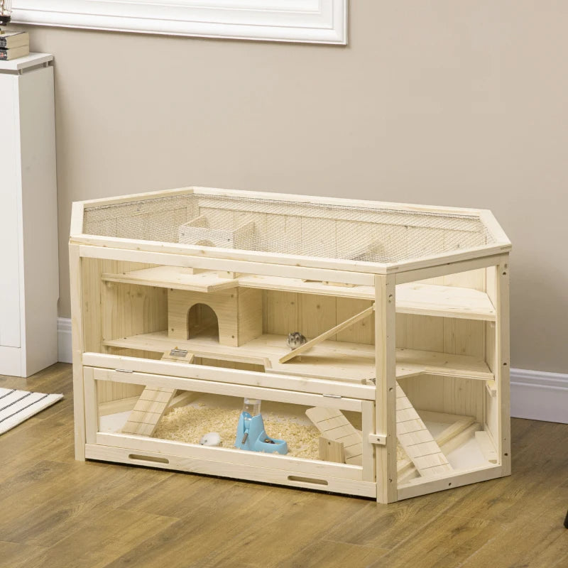 Wooden Large Hamster Cage Small Animal Exercise Play House 3 Tier With Tray, Seesaws, Water Bottle, Activity Center, Natural