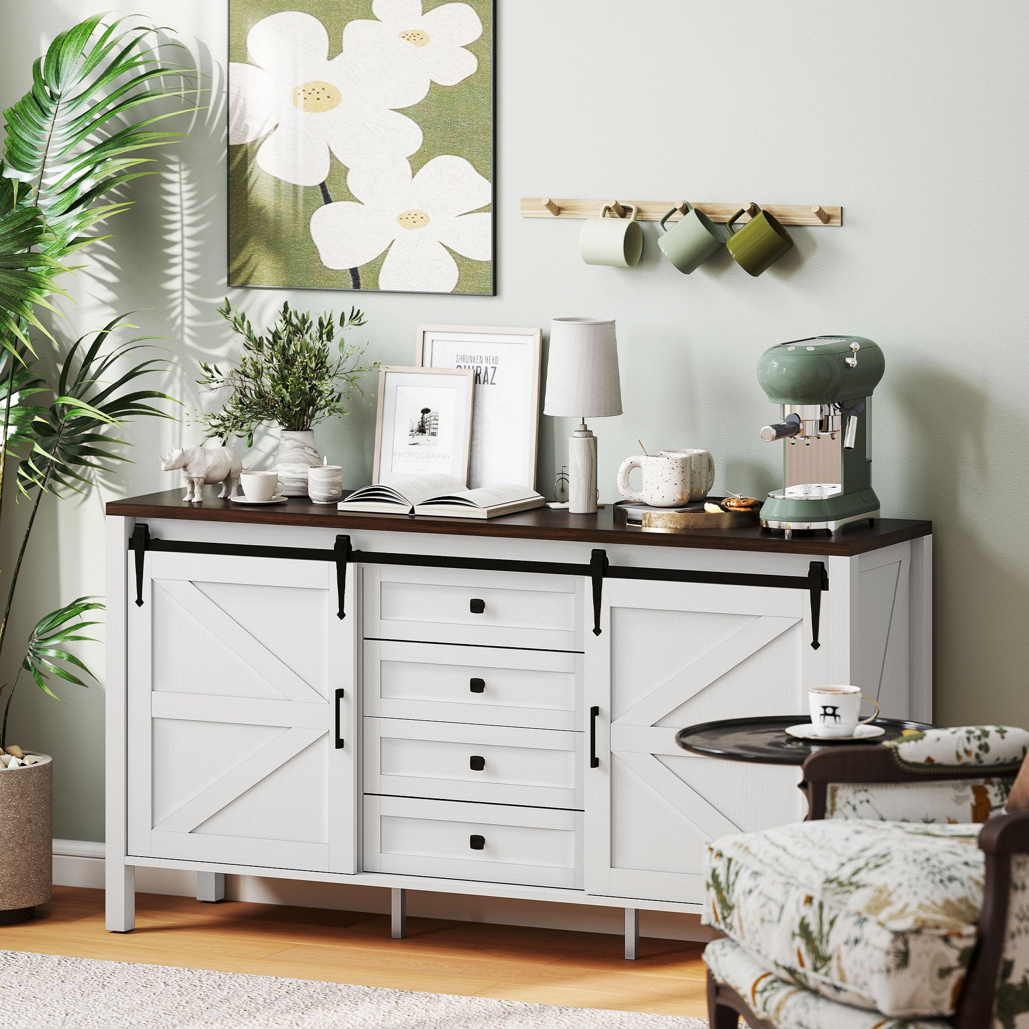 59" Buffet Cabinet, Farmhouse Sideboard with Thick Top, 2 Barn Doors, 4 Drawers and 2 Adjustable Shelves, White
