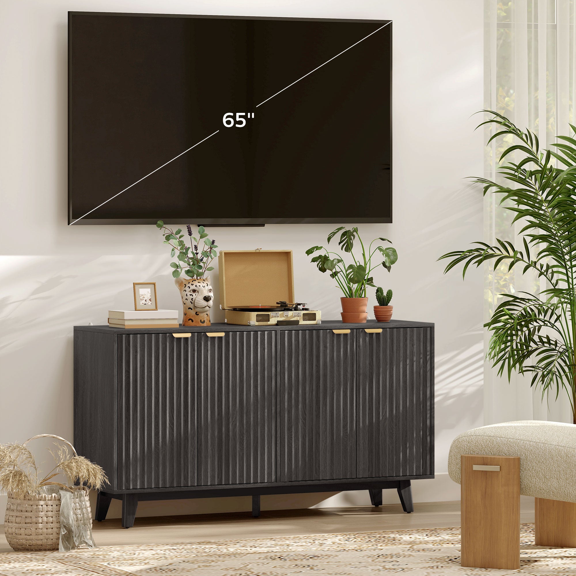 Fluted Sideboard Buffet Cabinet, 55" Coffee Bar Cabinet with 4 Doors, 2 Adjustable Shelves, 5 Wood Legs, Dark Gray