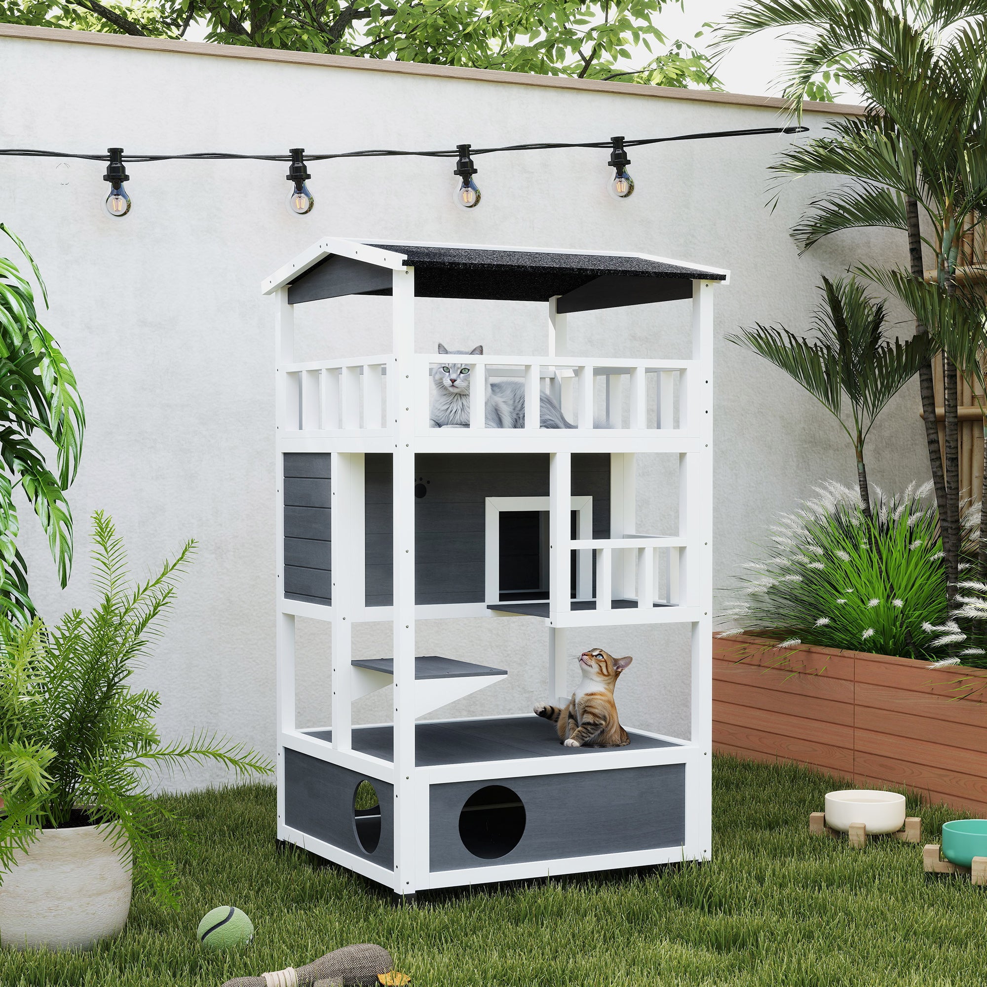 Wooden Outdoor Cat House, Feral Cat Shelter Kitten Condo with Asphalt Roof, Escape Doors, Condo, Jumping Platform, Gray