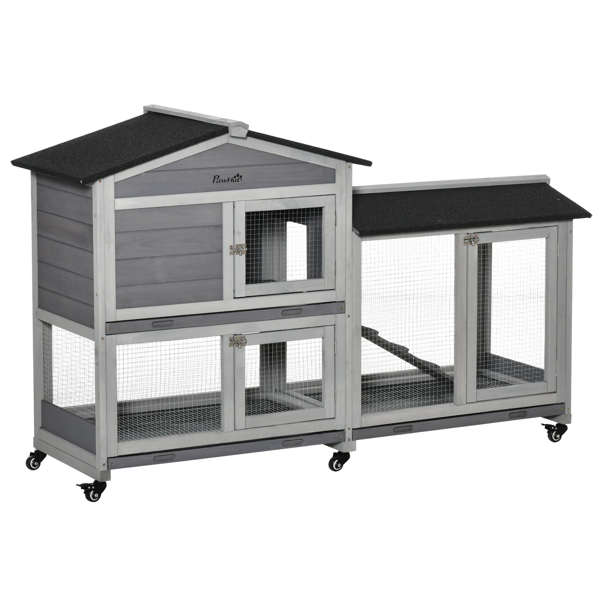 62" Wooden Mobile Rabbit Hutch with Wheels, Run Box, Slide-out Tray, Ramp