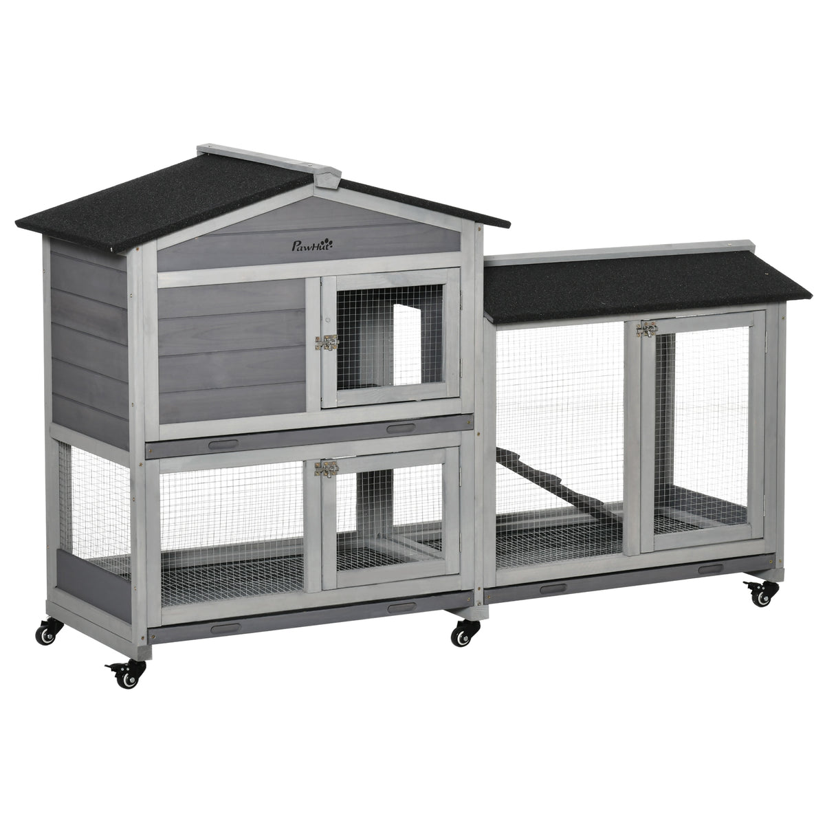62" Wooden Mobile Rabbit Hutch with Wheels, Run Box, Slide-out Tray, Ramp