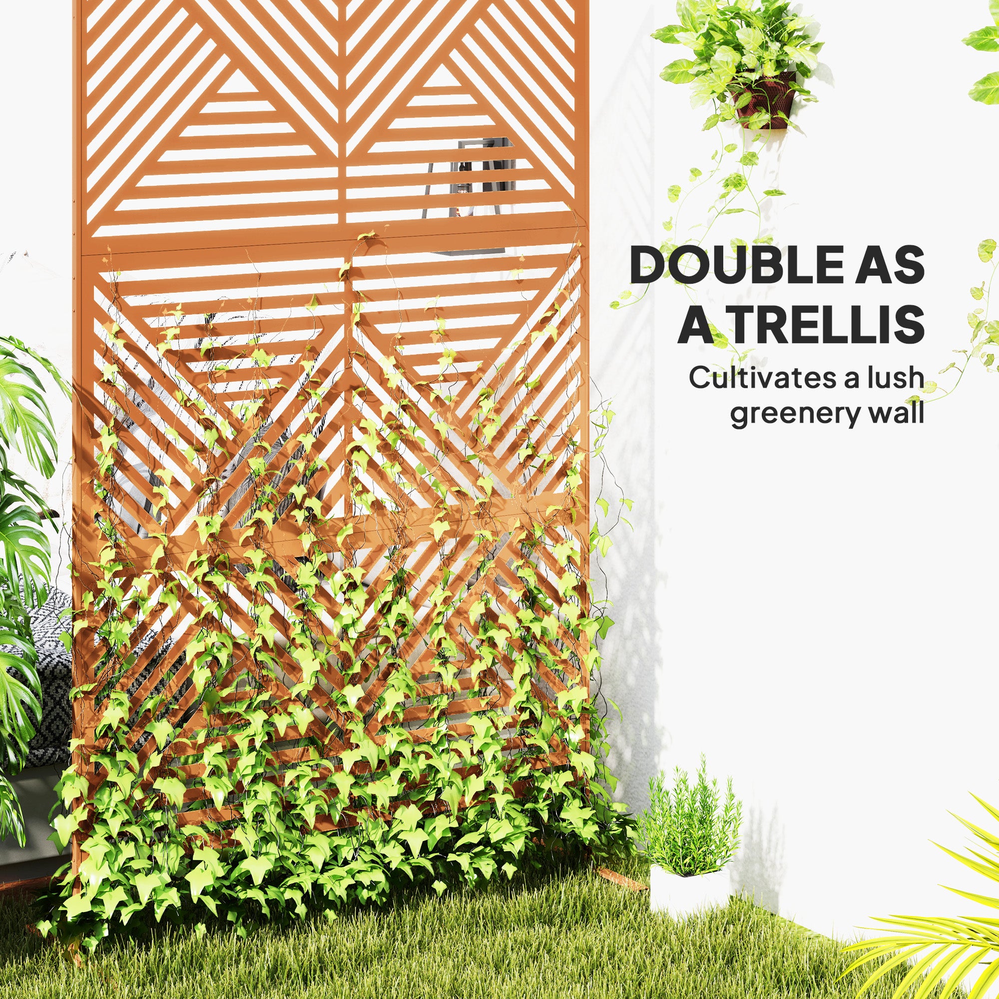 Decorative Privacy Fence Screen, Metal Outdoor Privacy Screen Climbing Plant Trellis With Stand, Rhombus Brown