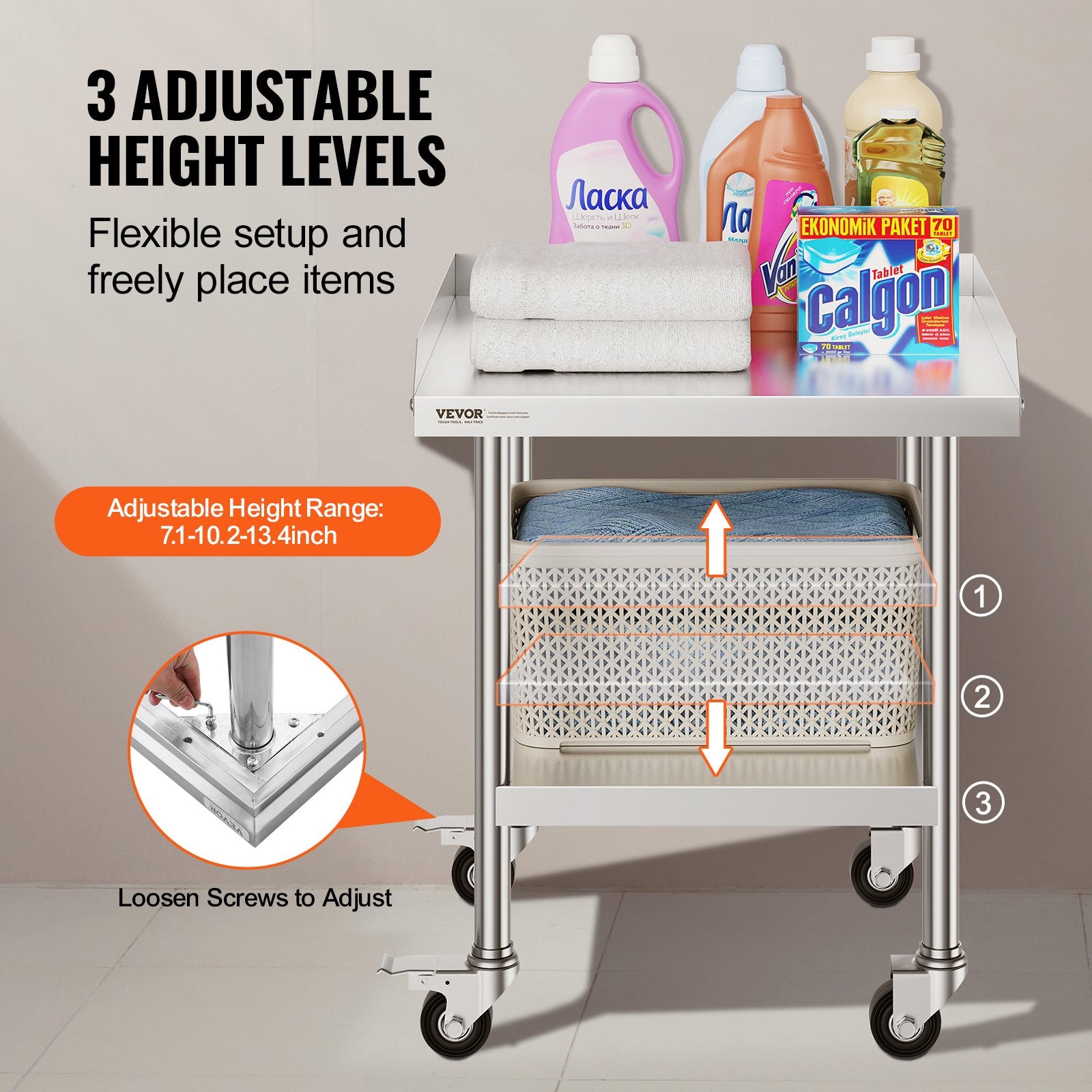 Stainless Steel Work Table, 24 X 24 X 30 Inch Commercial Food Prep Worktable With 4 Wheels, Casters, 3-Sided Backsplash Heavy Duty Prep Worktable, Metal Work Table For Restaurant Home Hotel