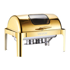 9Qt Rectangle Roll Top Chafing Dish Set With Full-Size Pan Stainless Steel Gold