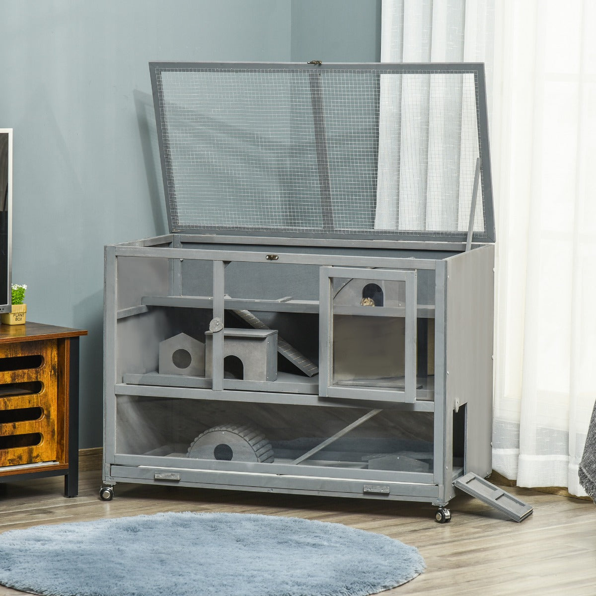 3-Tier Hamster Cage Hutch Box with Ladder Wheels for Small Animals