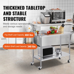 Stainless Steel Work Table 24 X 48 X 38 Inch, With 4 Wheels, 3 Adjustable Height Levels, Heavy Duty Food Prep Worktable For Commercial Kitchen Restaurant, Silver