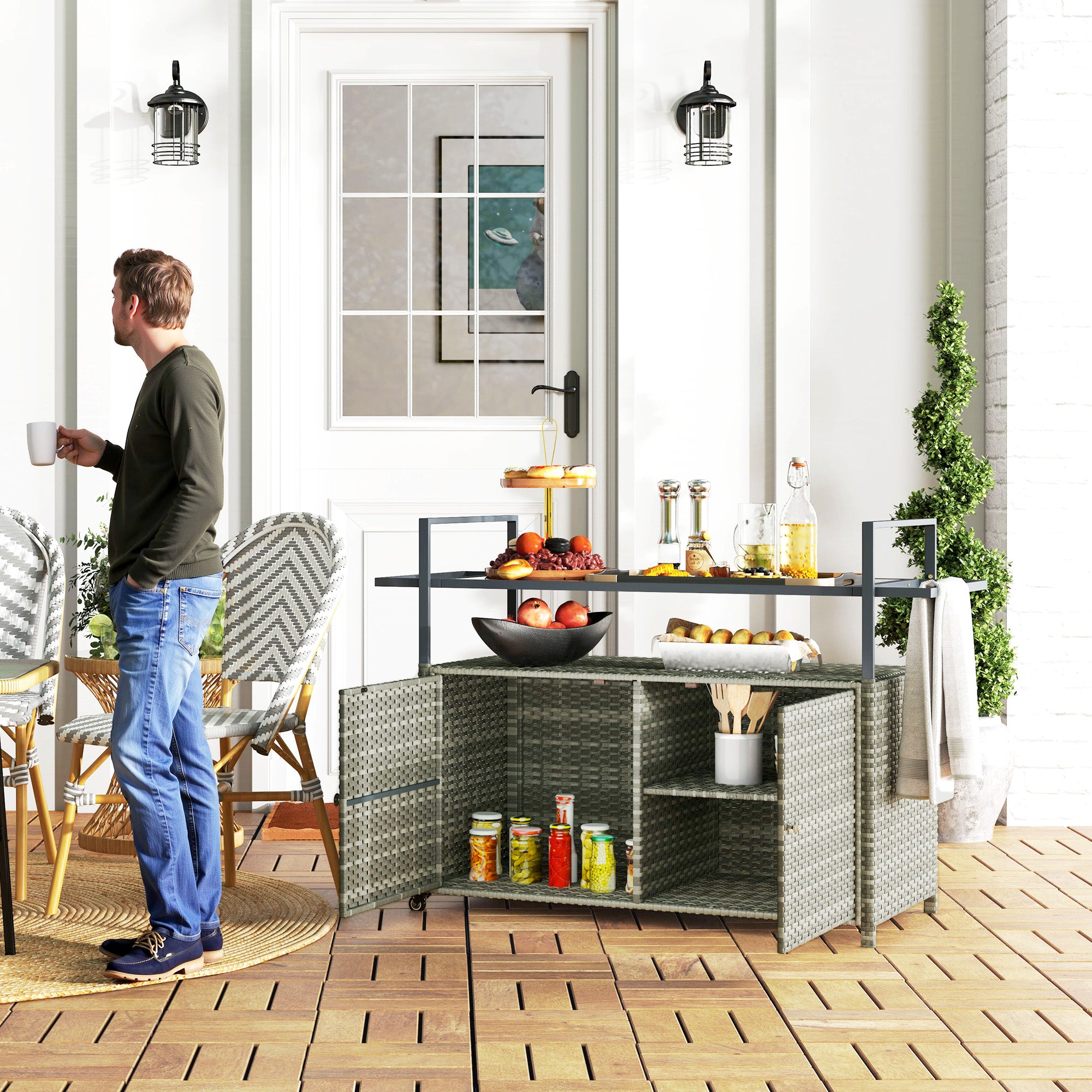 2-Tier Shelf PE Rattan Outdoor Bar Table, Glass Top Outdoor Serving Cart With Cabinet, Mixed Gray