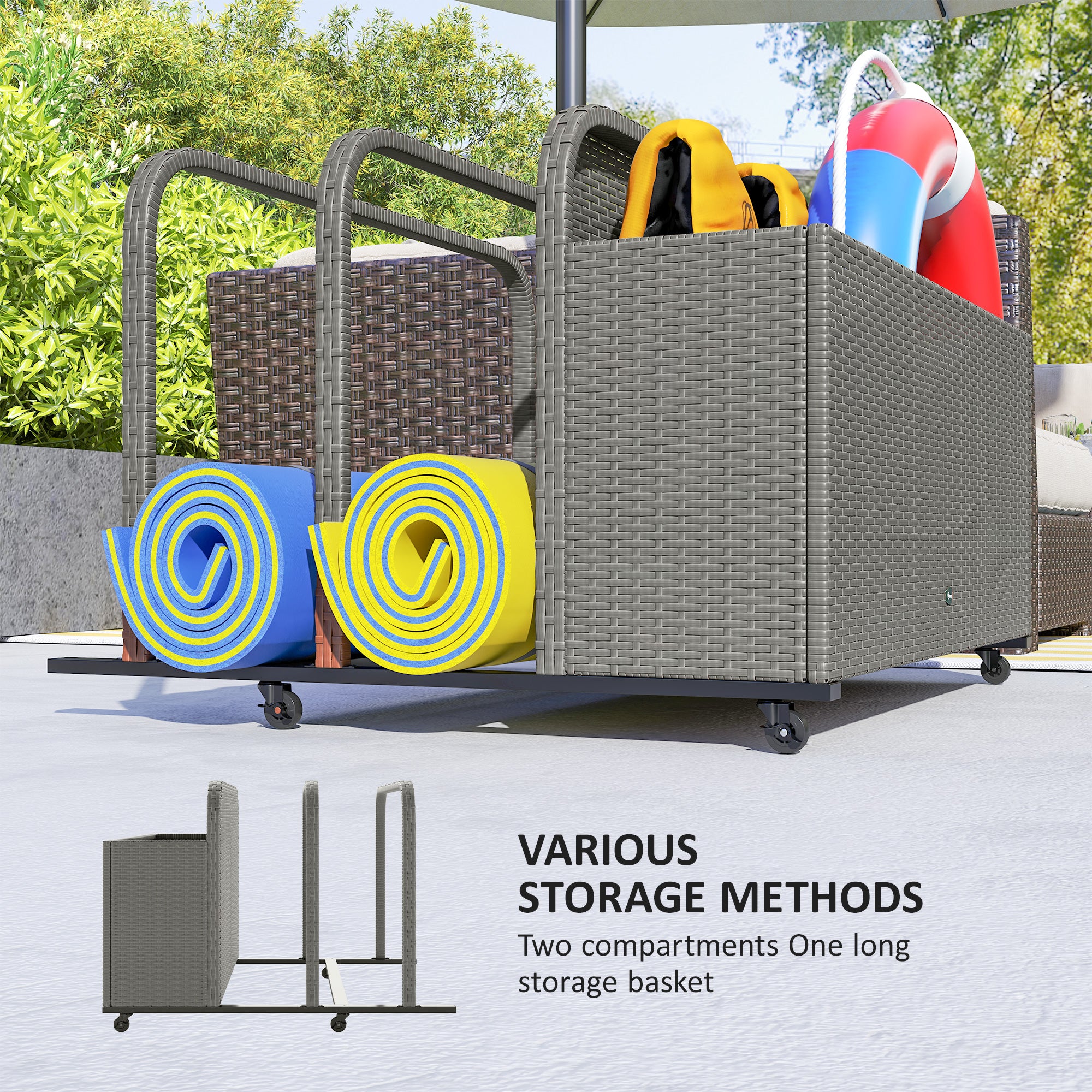 Rattan Pool Float Storage Organizer With Wheels, Mixed Gray