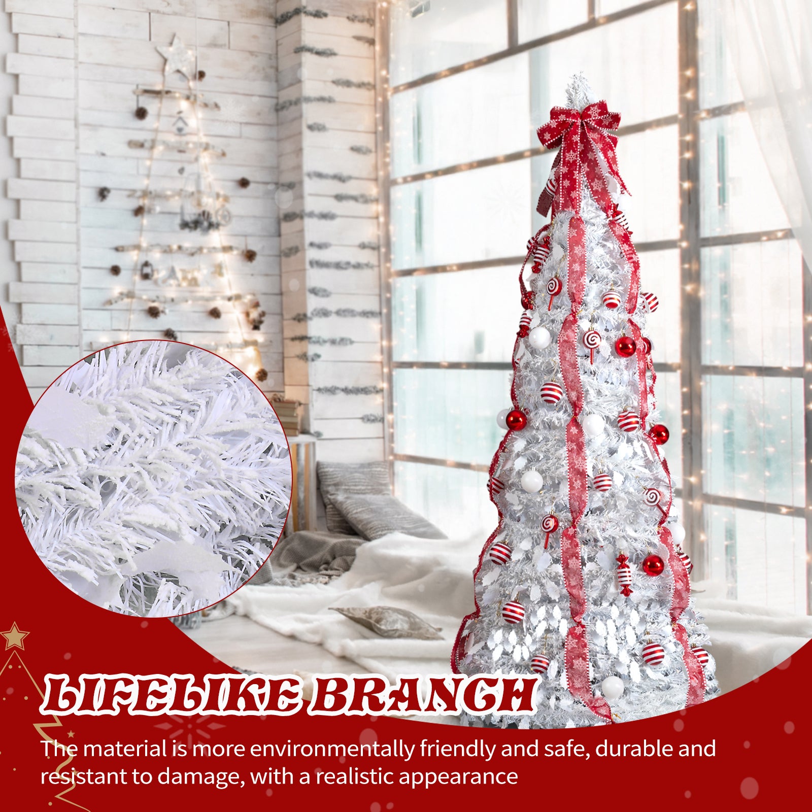 6 FT Fully Decorated Pre-lit Christmas Tree, Up Artificial Xmas Tree With 100 Warm Lights And Red Ornaments For Home Office Store Holiday Deco, White