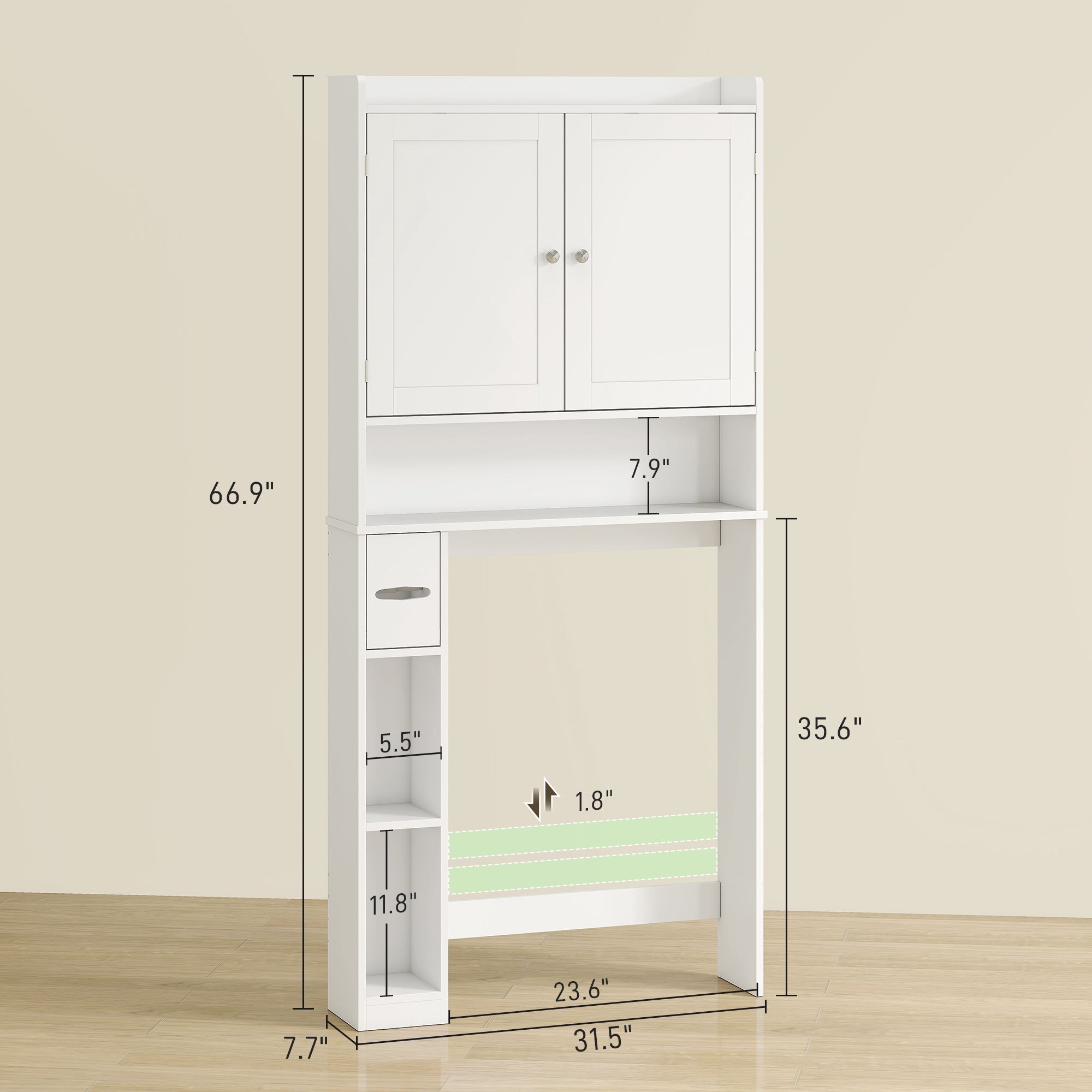 Modern Over the Toilet Storage Cabinet with 2 Doors, Above Commode Storage Cabinet with Toilet Paper Holder, White