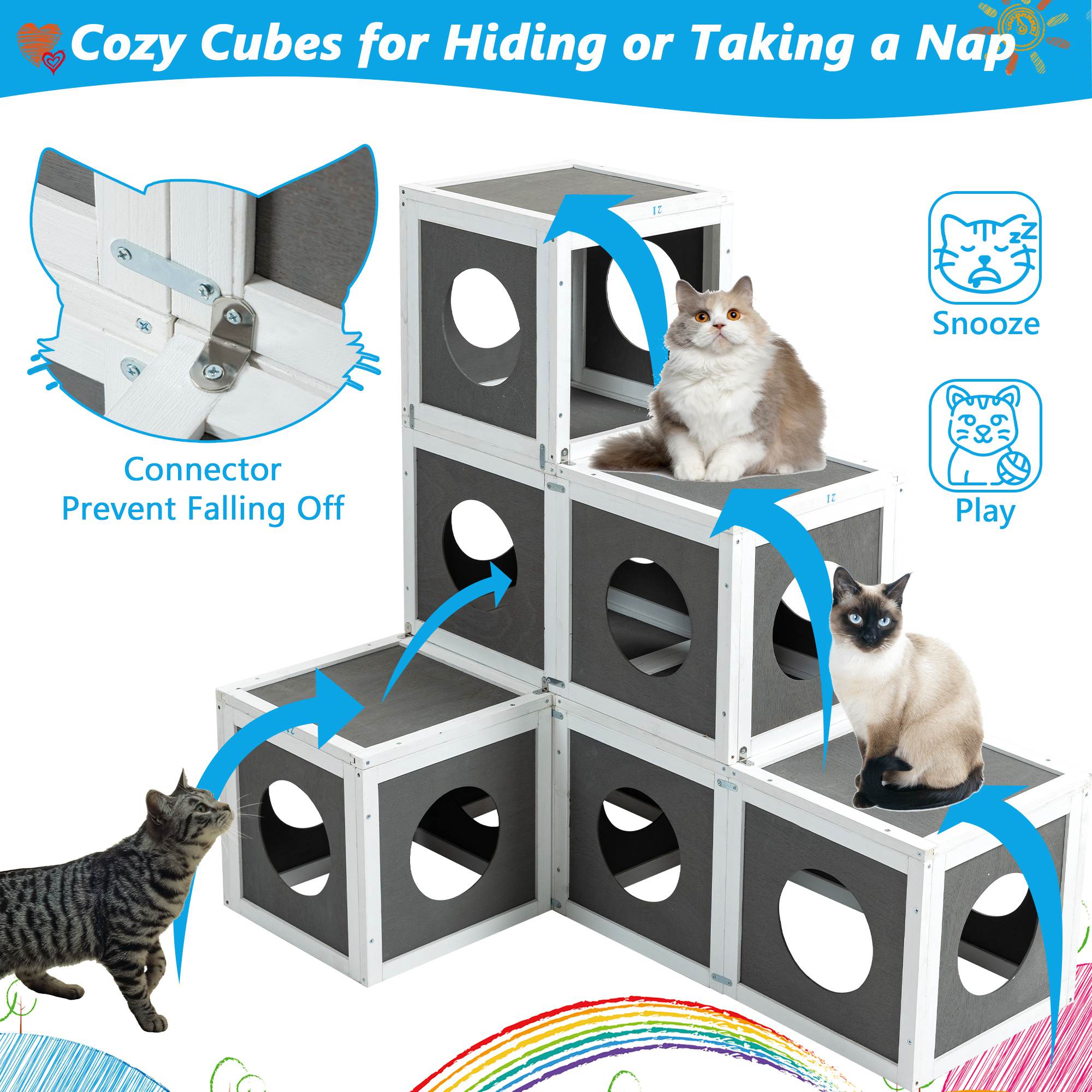 Outdoor Wooden Cat Catio - Large Solid Wood Cat Cage Playpen With 2 Jumping Platforms & 7 Napping Houses, Walk-in Cat Kennel Condo Shelter, Grey