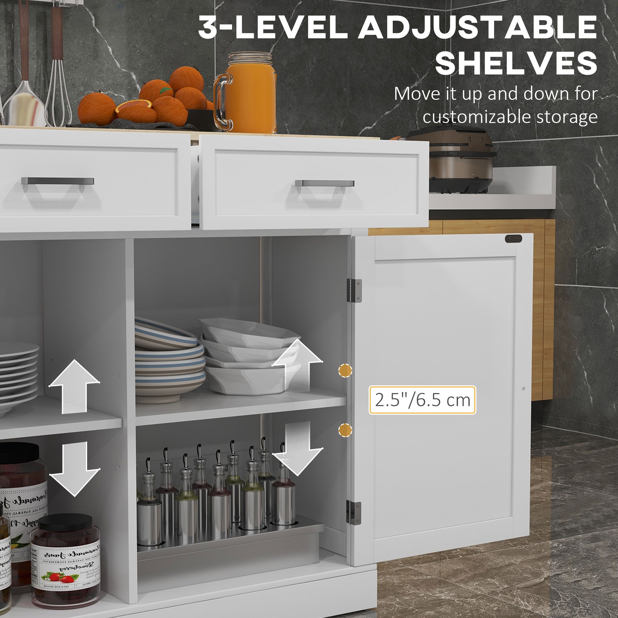 Rolling Kitchen Island with Drop Leaf Wood Breakfast Bar, Farmhouse Kitchen Cart with 2 Drawers, Adjustable Shelves for Dining Room, White