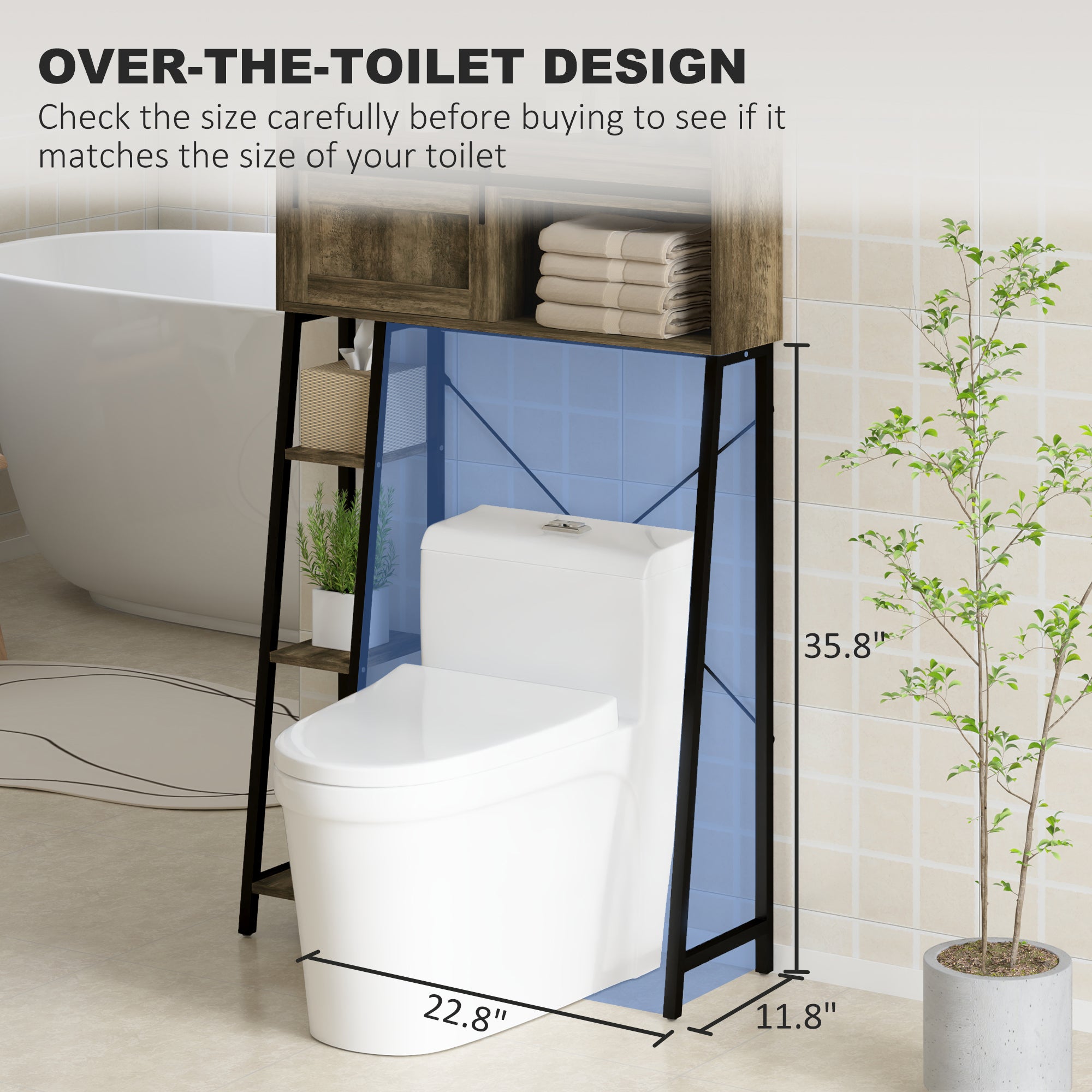 Over the Toilet Storage Cabinet, Over Toilet Bathroom Organizer with 3 Compartments, 4 Open Shelves, Distressed Brown