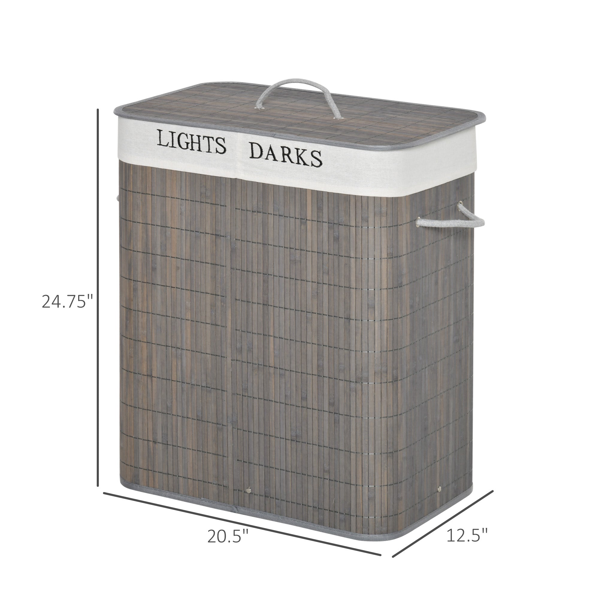 Bamboo Laundry Basket with Lid and String Handles, Collapsible Laundry Hamper with 2 Removable Bags, Gray