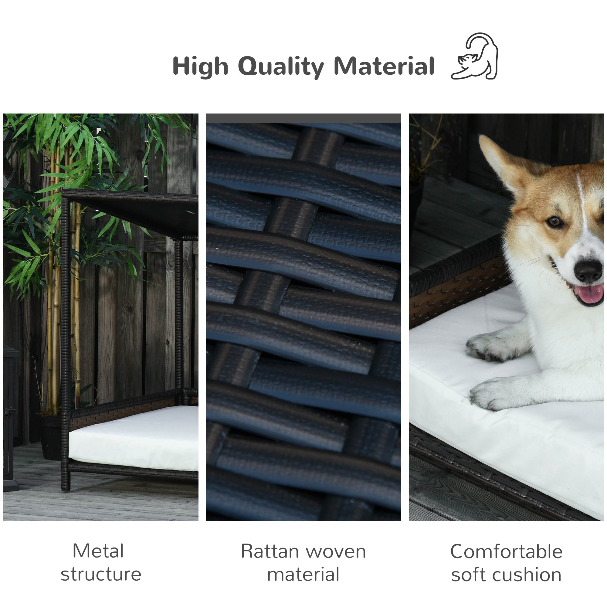 Wicker Dog House Raised Rattan Puppy Bed Cat Shelter for Indoor Outdoor Garden Patio Pet Sofa with Removable Cushion for Medium Sized Pet Brown