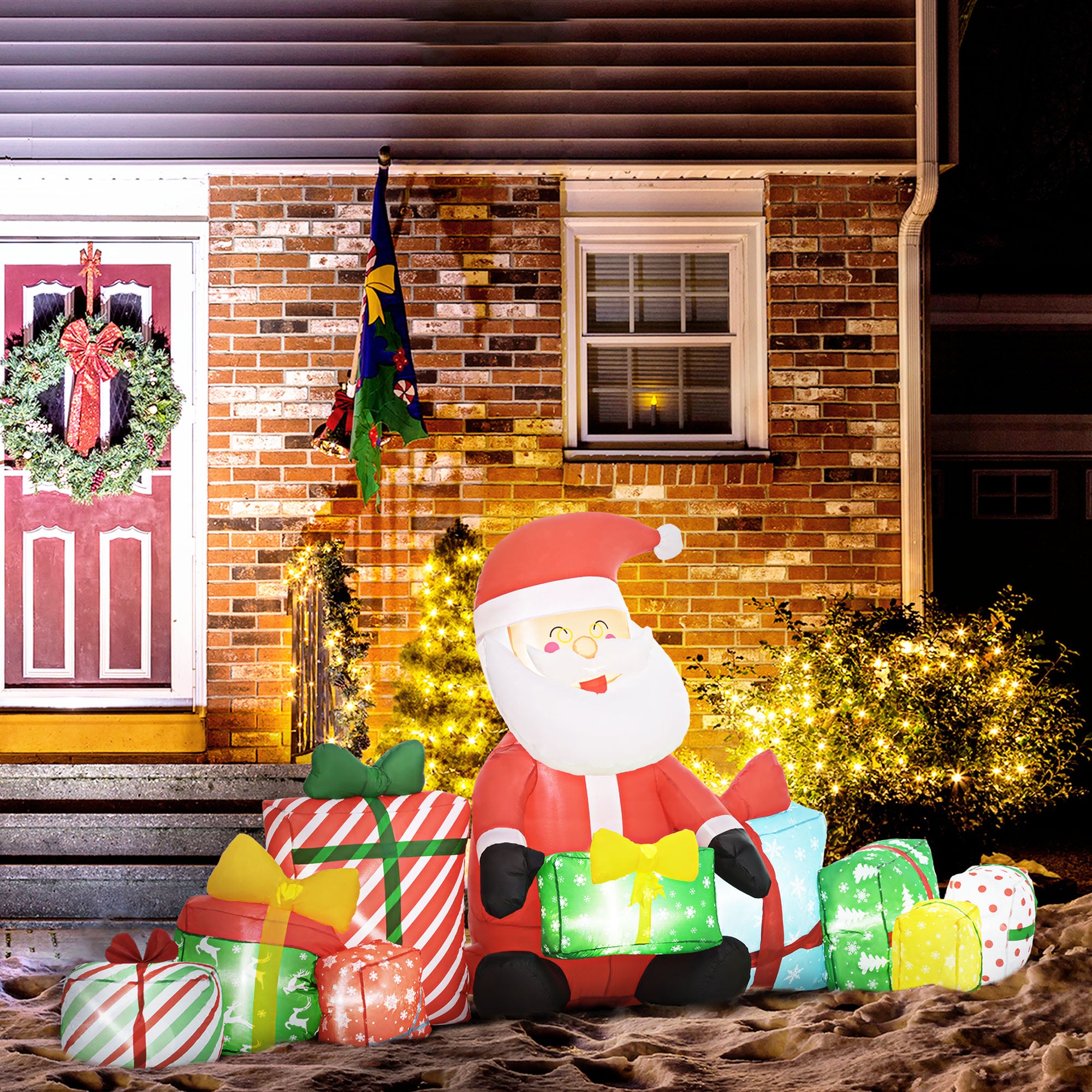4.4' Inflatable Santa Claus and Gift Boxes w/ White LED Lights, Blow-Up Outdoor Display for Party