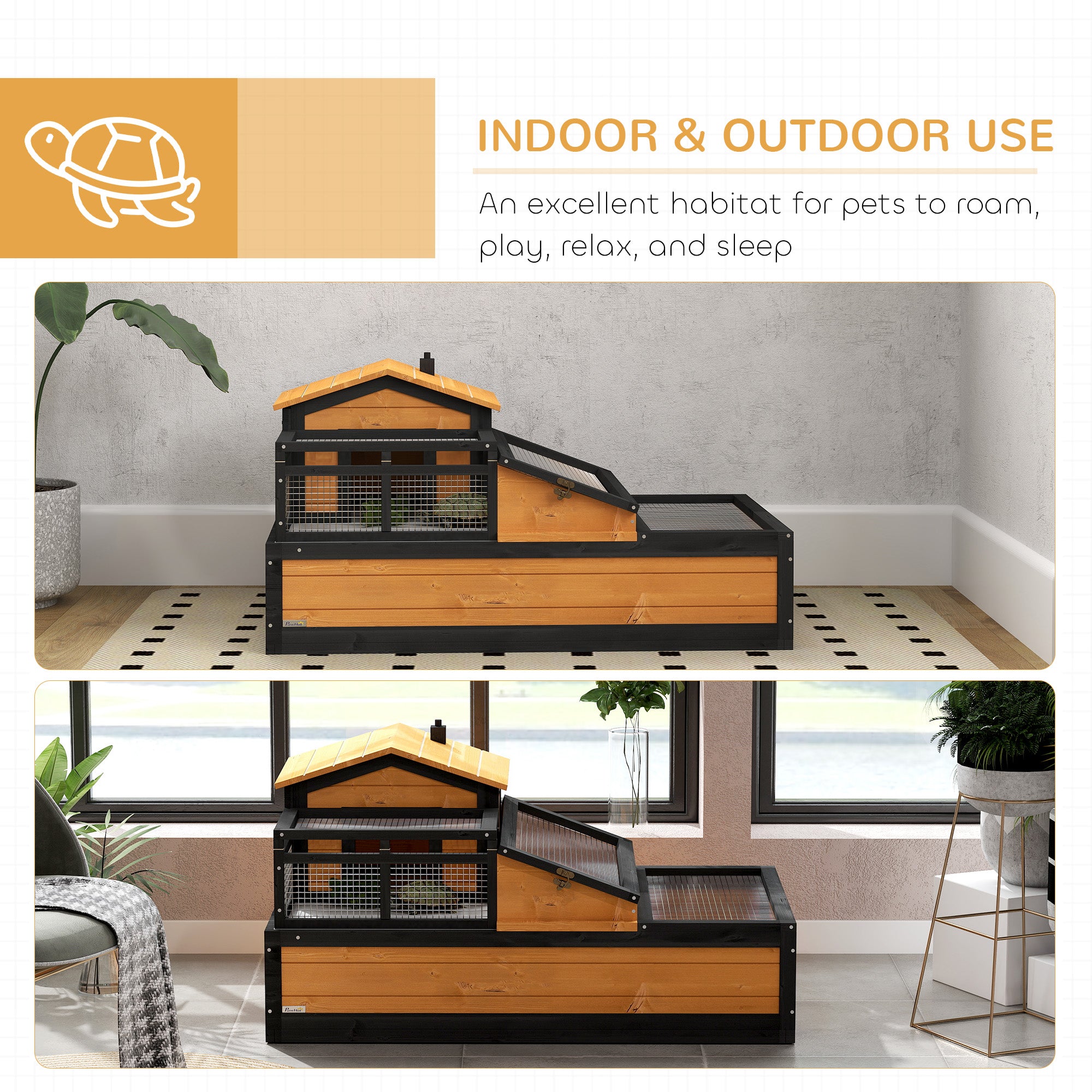 3-Room Tortoise Habitat House w/ Balcony & 2 Stories, 44" x 25.5" x 25", Yellow