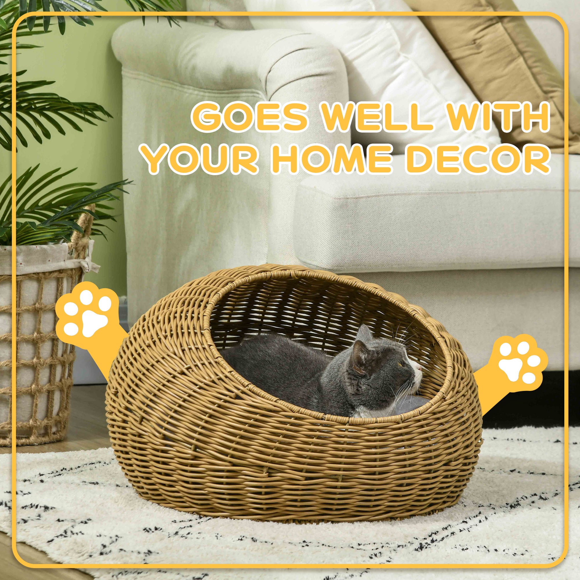 Rattan Cat Bed with Washable Cushion for Cats, Puppies, Light Brown