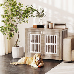 39" Dog Crate Furniture with 2 Doors, Adjustable Non-slip Foot Mats, for Large Dogs, Walnut Brown