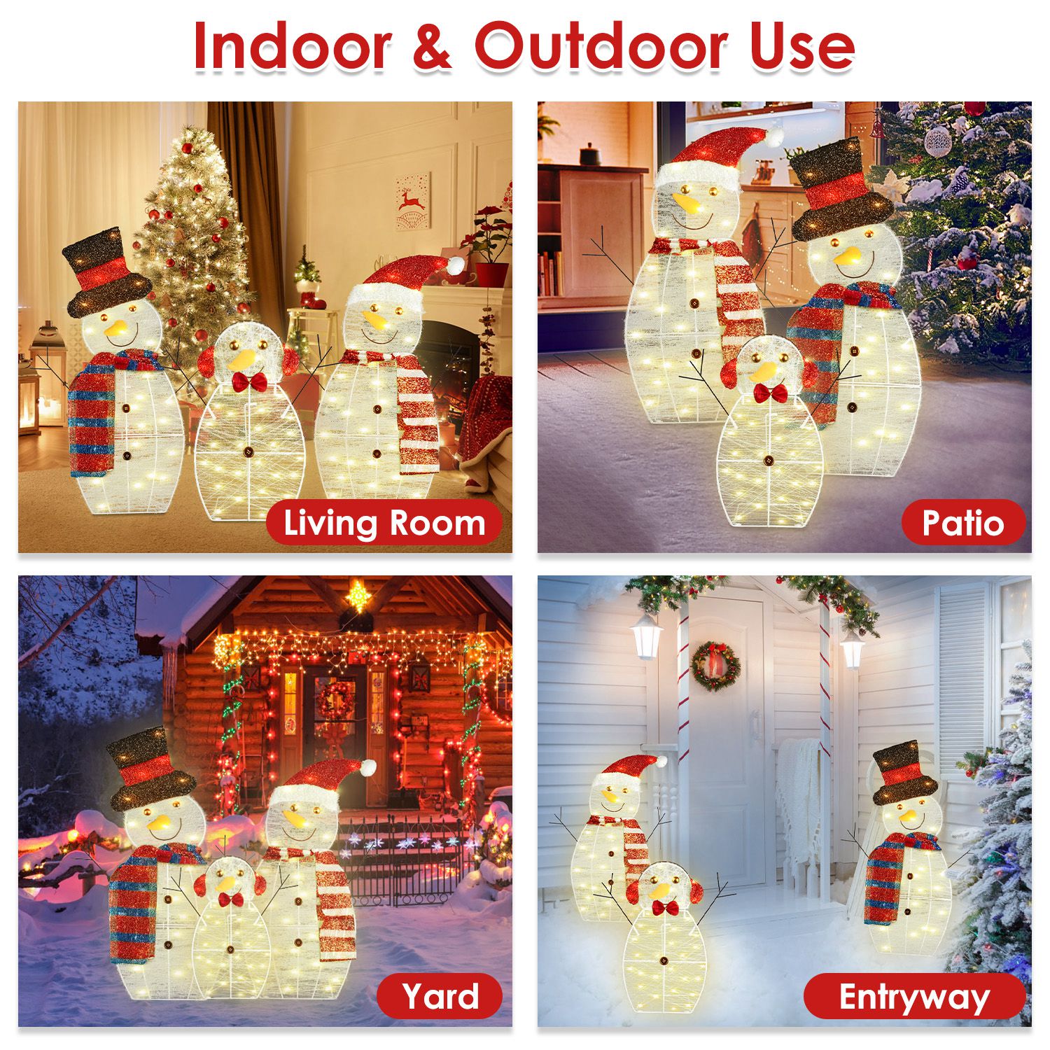 3Pcs 2D Christmas Snowman Yard Decoration Snowman Family Outdoor Decoration With 60Pcs LED Warm Yellow Lights IP44 Waterproof For Christmas Indoor Outdoor Holiday Display