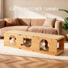 Multi-Functional Cat Tunnel Scratcher, Wood - Corrugated Scratcher, With 2 Teaser Balls, For Cats