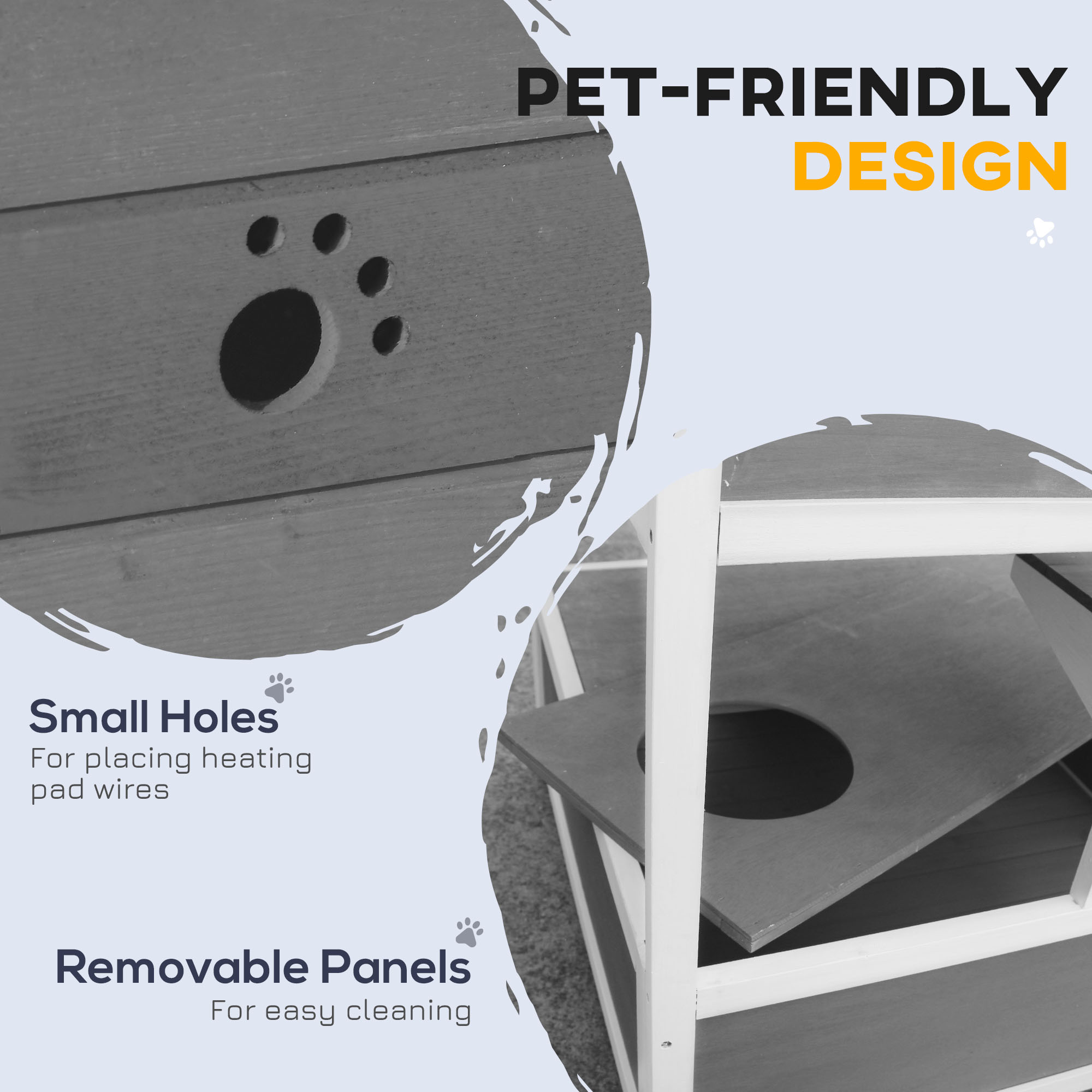 Wooden Outdoor Cat House with Asphalt Roof, Escape Doors, Condo, Jumping Platform, Light Gray