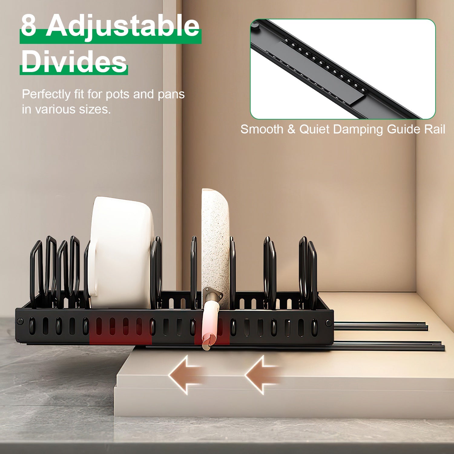 1Pc Pull Out Pots And Pans Organizer Under Cabinet With 8 Adjustable Dividers Rustproof Carbon Steel Sliding Pots Holder For Kitchen Cookware Bakeware Pots Lids Storage