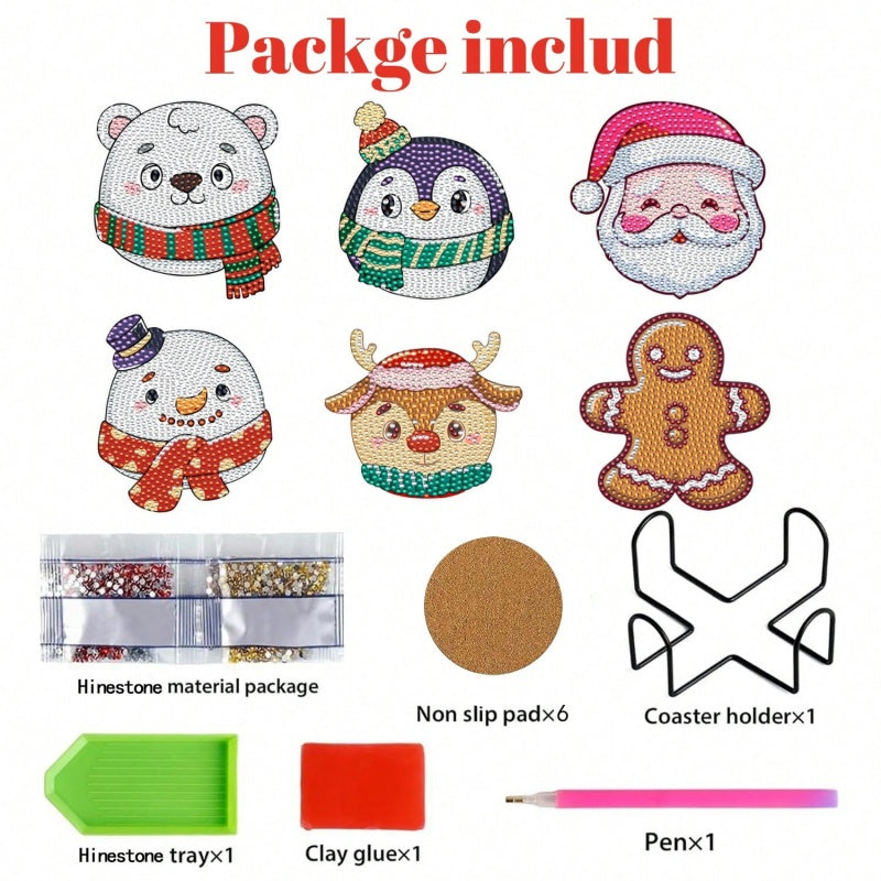 6 Pcs Chirstmas Cartoon Diamond Art Painting Acrylic Garden Stake Craft Ornaments Kits Keychains Refrigerator Fridge Magnets Accessories DIY Full Drill Diamonds Pendants Decor For Xmas Decor