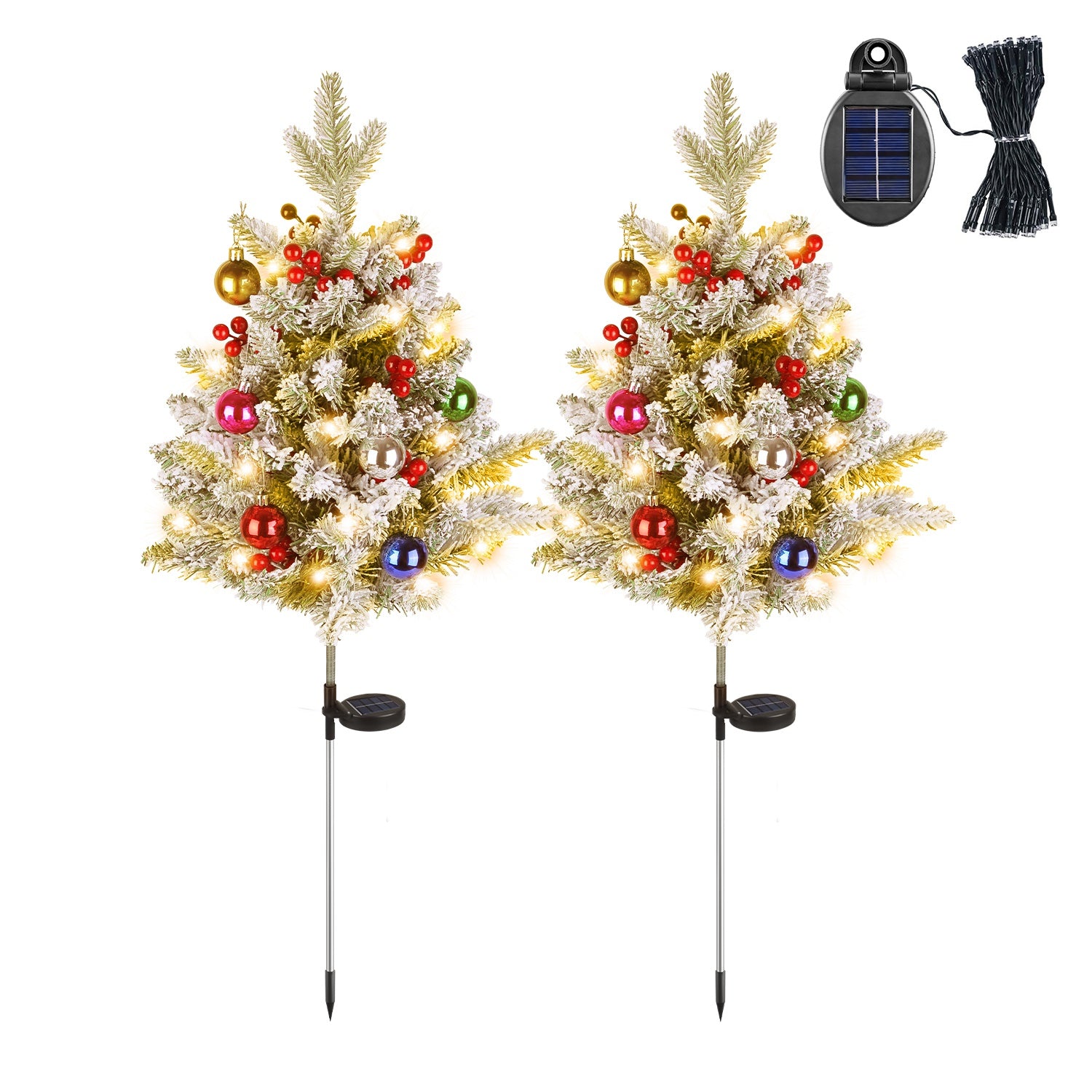 2Pcs Solar Powered Lighted Christmas Tree Urn Filler With Light Artificial Xmas Trees Light With Berries Decor Balls