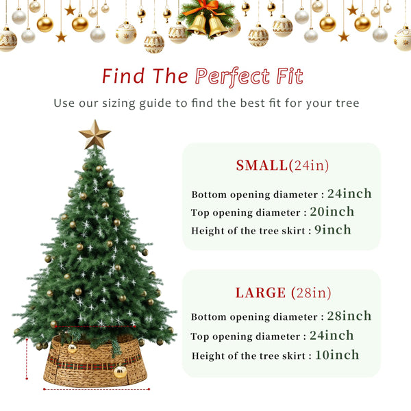 Handcrafted Woven Hyacinth Wicker Christmas Tree Collar - Rattan Xmas Tree Skirt & Stand Base Cover (XmasRibbon, 24 In)