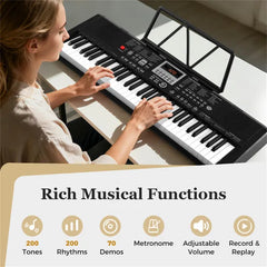 Black 61-Key Digital Piano Keyboard With Light-Up Teaching Mode, 200 Rhythms & Dual Keyboard Function For Beginners