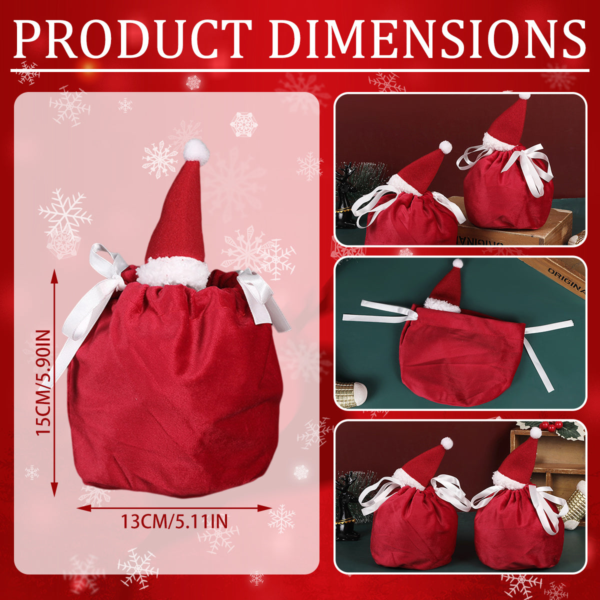 5 Packs Christmas Treat Bags With Drawstring 3D Xmas Santa Hat Gift Wrapping Bags Velvet Candies Goodie  Bag For Christmas Birthday Wedding Party Favor Supplies