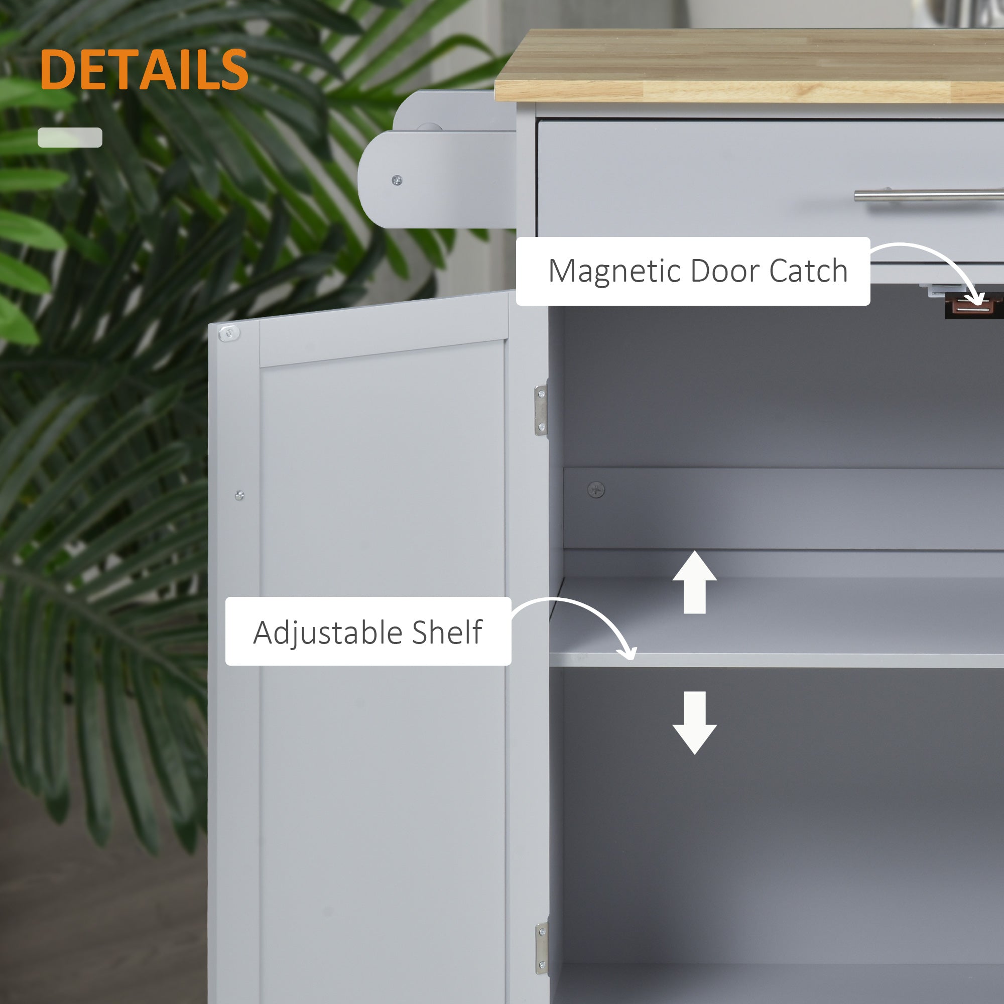 Kitchen Island Cart, Rolling Island Table with Solid Wood Top, Trolley Cart with Drawer, Storage Cabinet & Towel Rack, Gray
