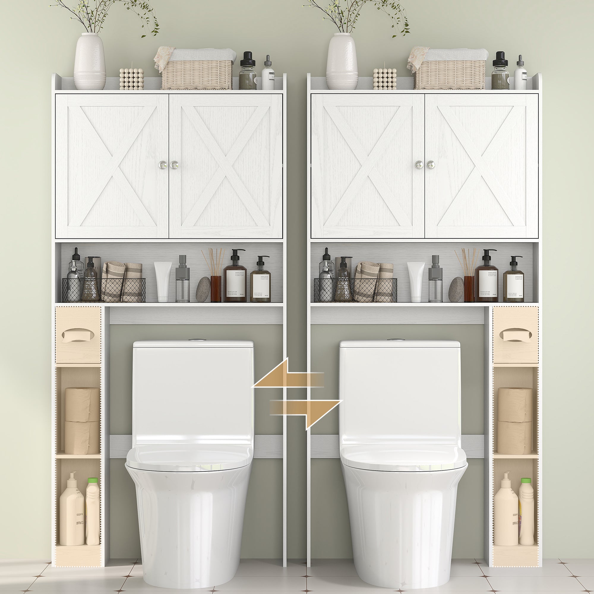 Farmhouse Over the Toilet Cabinet with Barn Doors, Over the Toilet Storage Cabinet with Adjustable Shelf, White
