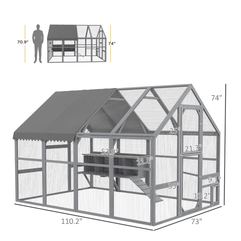 Large Chicken Coop With Nesting Box, Water-Resistant And Anti-UV Cover For 8-12 Chickens, Gray