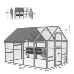 Large Chicken Coop With Nesting Box, Water-Resistant And Anti-UV Cover For 8-12 Chickens, Gray