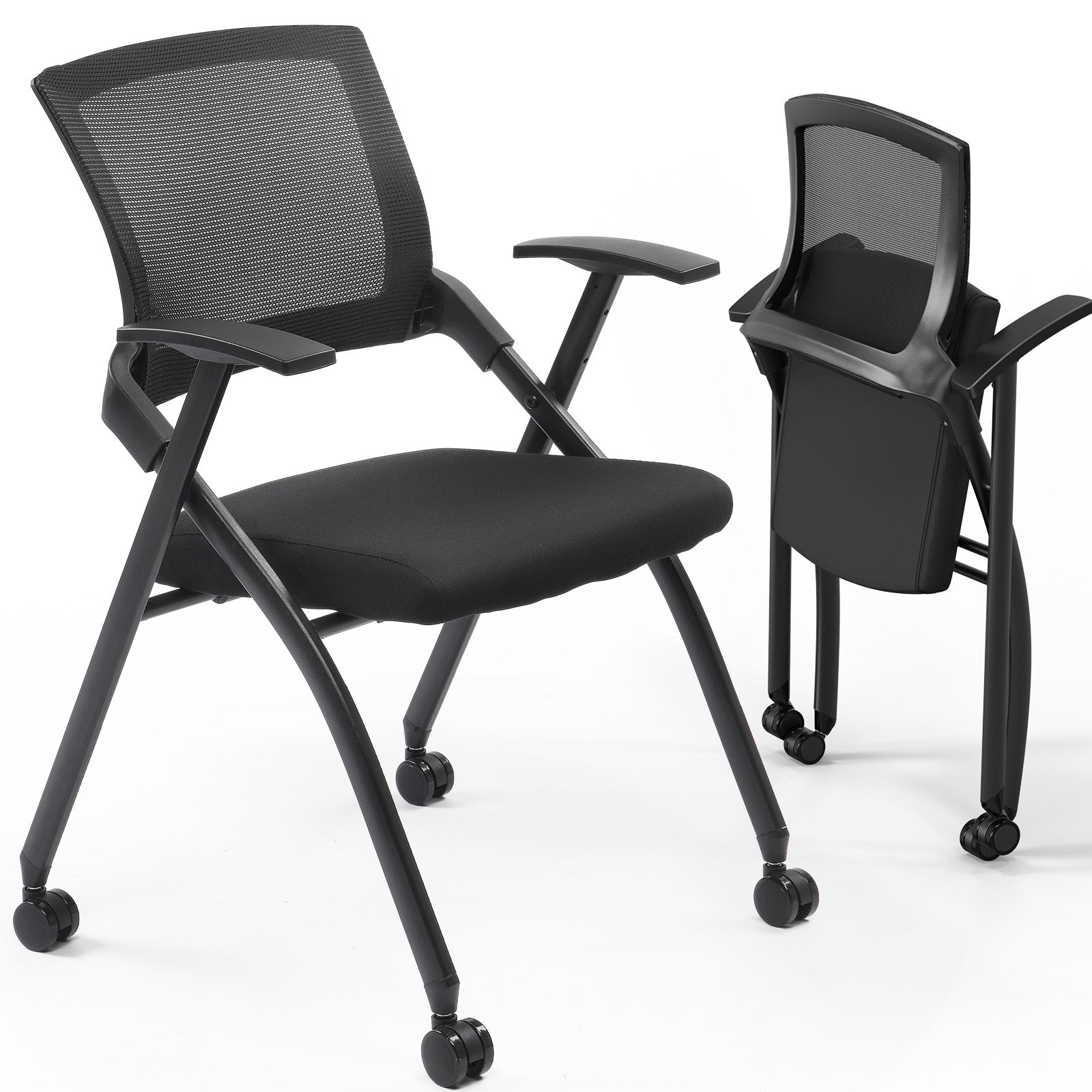 2 Pack Stackable Conference Room Chairs With Wheels, Folding Office Chair With Rebound Back, Padded Seat For Training Room, Guest, Reception, Event, Capacity 350lbs, Black