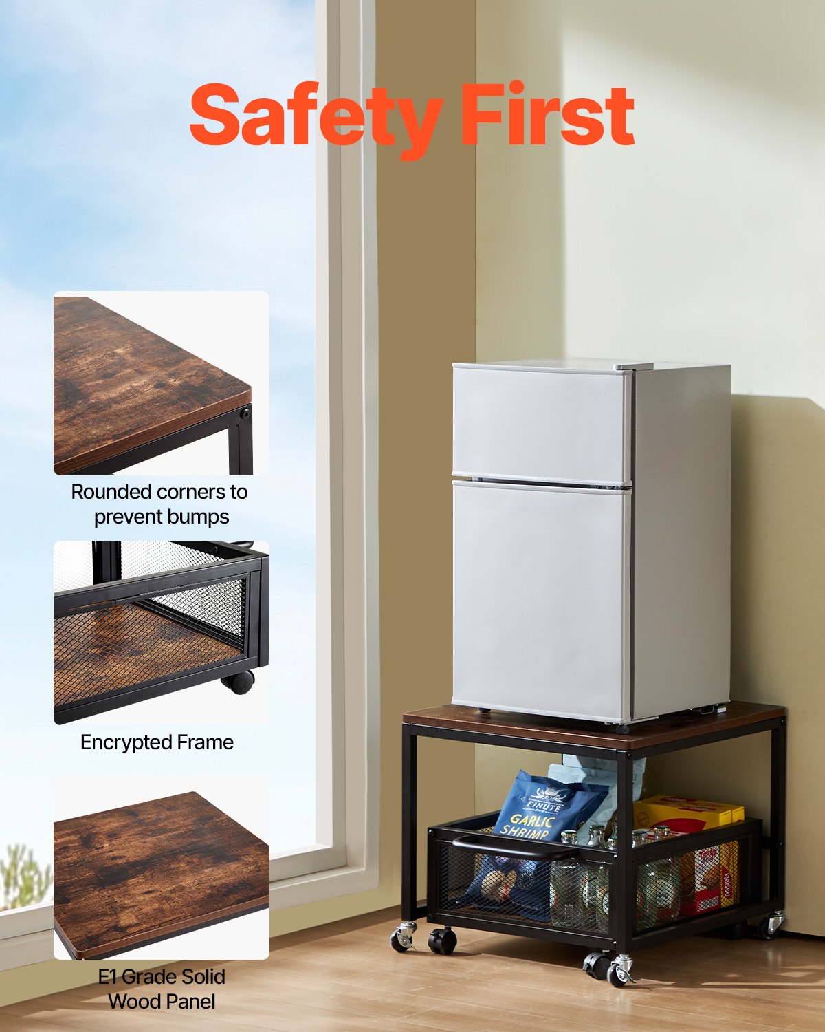 Mini Fridge Stand 198lbs With Storage Cart & Swivel Wheels Dark Brown