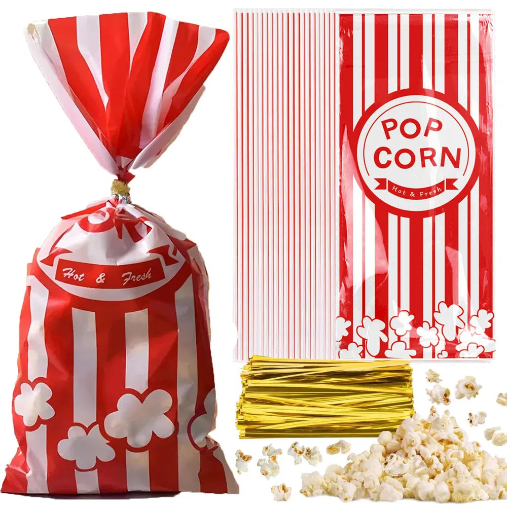 300 Pcs Plastic Popcorn Bags With Twist Ties Pop Corn Party Sleeves Snack Containers Nostalgia Gift Packs Circus Carnival Party Goodie Candy Bags Red White Stripe Popcorn Container