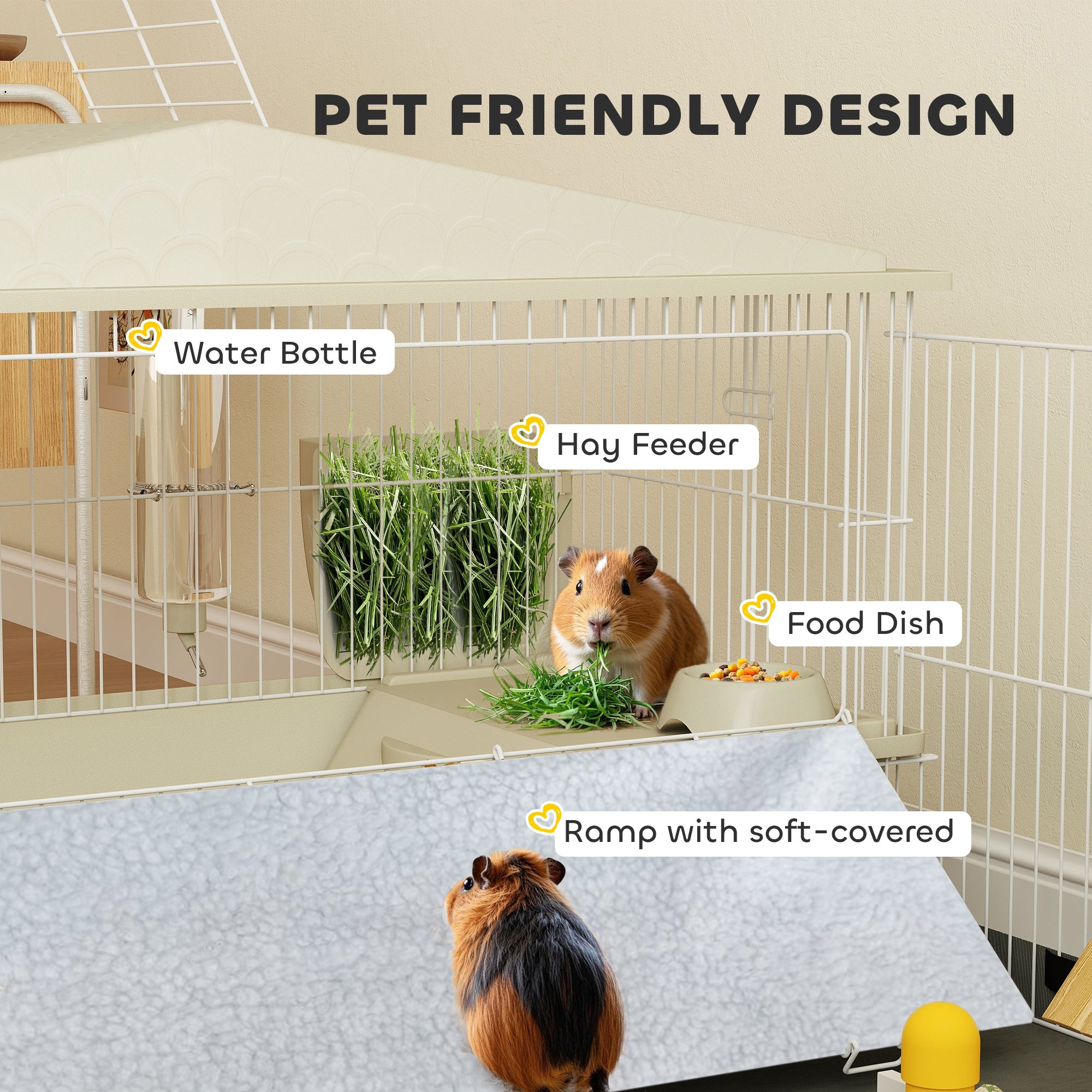 Small Animal Cage with Removable Pet Playpen, Guinea Pig Cage with Waterproof Pad, Hay Feeder, Water Bottle, Food Dish