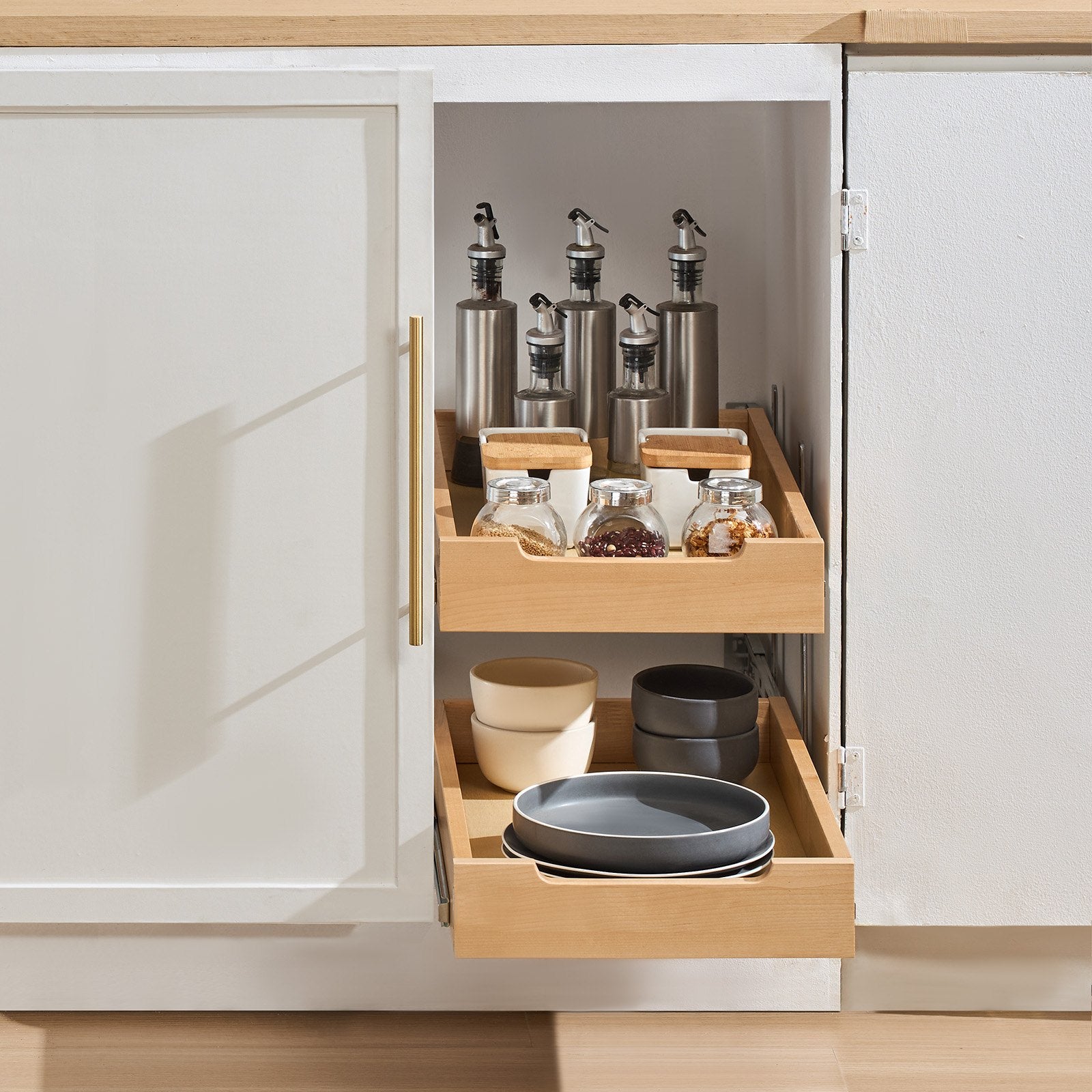 2 Tier Pull Out Cabinet Organizer Soft Close Slide Out Wood Drawer 14'W X 21'D