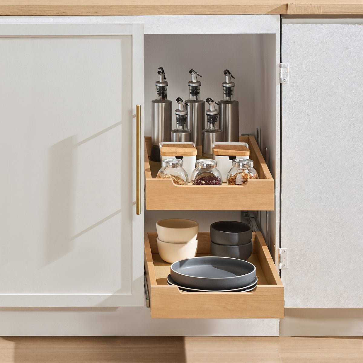 2 Tier Pull Out Cabinet Organizer Soft Close Slide Out Wood Drawer 14'W X 21'D