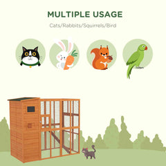 Wooden Outdoor Catio with Platforms, Asphalt Roof, Ramps, Natural