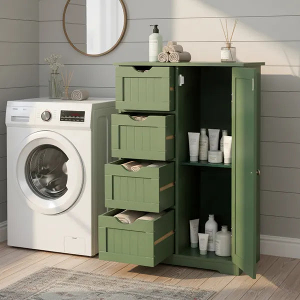Forest Green, MDF With Paint And Melamine Veneer, Vertical Stripes, 56*30*82.5cm, 4 Drawers, 1 Door, Bathroom Vanity