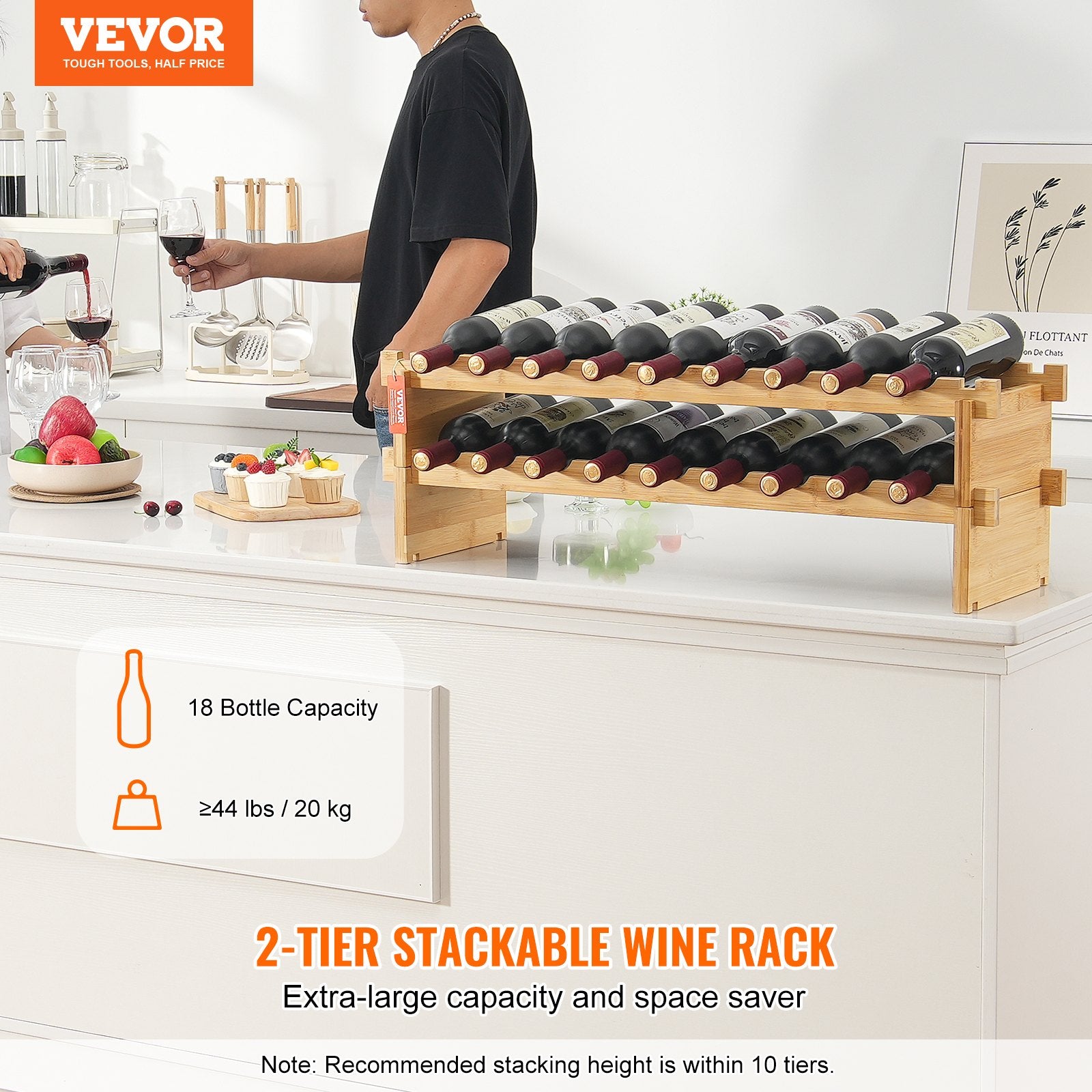 18 Bottle Stackable Modular Wine Rack Bamboo Wood Display Shelf 2-Tier